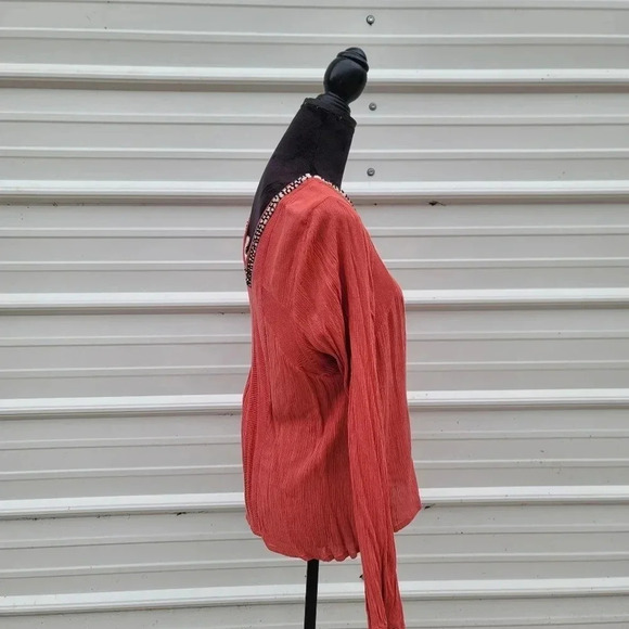 Sixes & Sevens Coral Orange Pink Beaded Embroidered Blouse Viscose Top V-Neck M - Picture 4 of 10